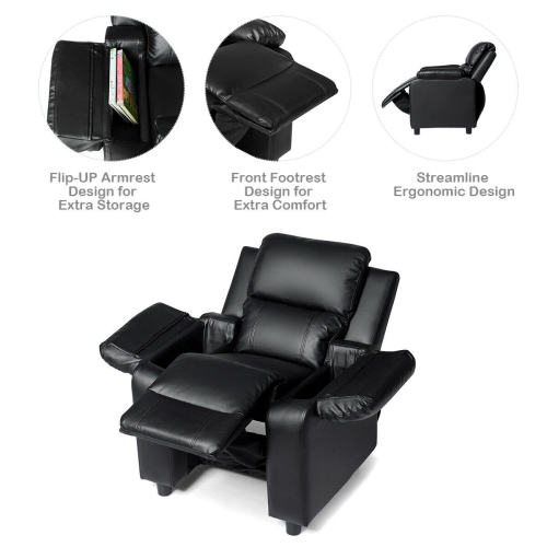 Gymax Deluxe Padded Kids Sofa Armchair Recliner Headrest Children w/ Storage Arm Black