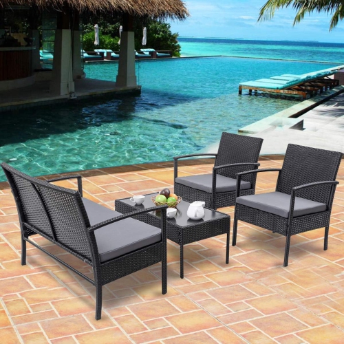Gymax Patio Garden 4PC Rattan Wicker Furniture Set Black