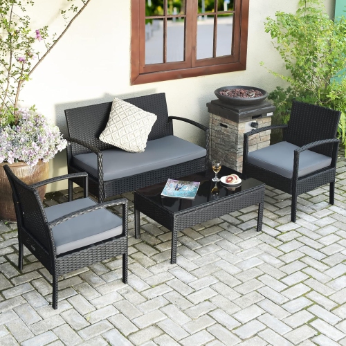Gymax Patio Garden 4PC Rattan Wicker Furniture Set Black