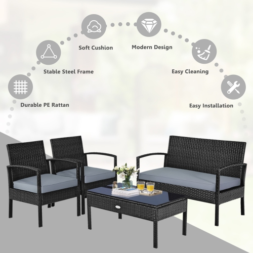 Gymax Patio Garden 4PC Rattan Wicker Furniture Set Black