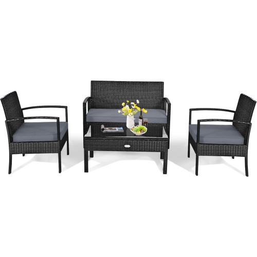Gymax Patio Garden 4PC Rattan Wicker Furniture Set Black