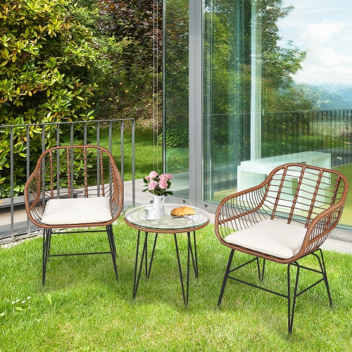 GYMAX  3PCs Rattan Patio Conversation Set Bistro Chat Set W/ Cushions