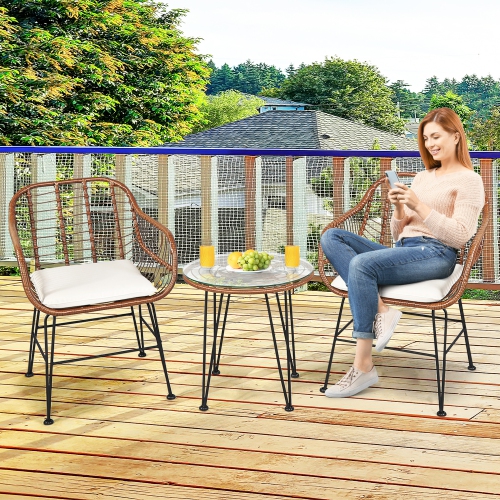 Gymax 3PCS Rattan Patio Conversation Set Bistro Chat Set w/ Cushions