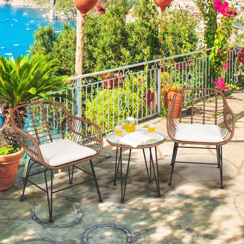 Gymax 3PCS Rattan Patio Conversation Set Bistro Chat Set w/ Cushions