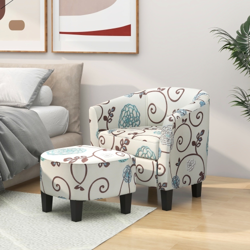 Gymax Modern Accent Tub Chair&Ottoman Set Fabric Upholstered Club Chair Grey Floral