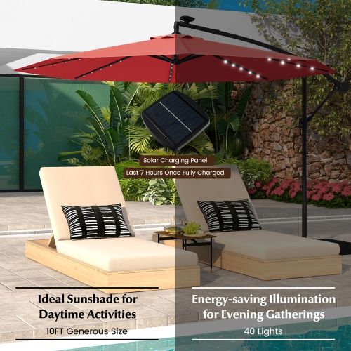 Gymax 10ft Solar Patio Umbrella Outdoor Offset Hanging Umbrella w/ 40 LED Lights