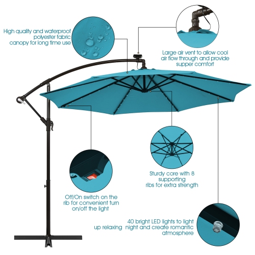 Gymax 10ft Solar Patio Umbrella Outdoor Offset Hanging Umbrella w/ 40 LED Lights