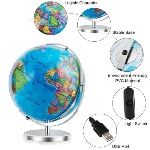 Gymax 13" Illuminated World Globe 720 Degree Rotating Education Cartography Map W/ LED