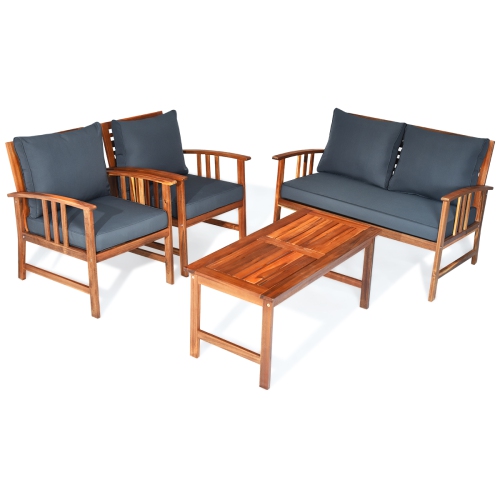 Gymax 4pcs Wooden Patio Furniture Set Table & Sectional Sofa Garden
