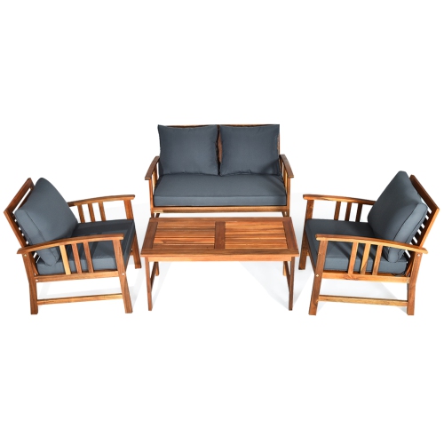 Gymax 4pcs Wooden Patio Furniture Set Table & Sectional Sofa Garden