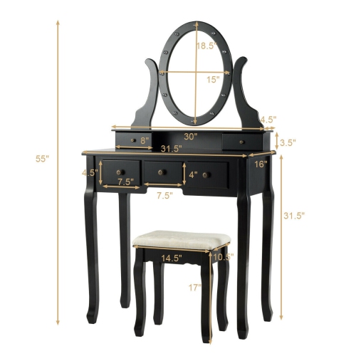 Gymax Vanity Set Makeup Dressing Table W/5 Drawers & Lighted Mirror 12 LED Bulbs Black