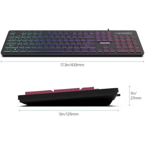 PHILIPS Compact Wired Keyboard | Ultra-Slim Low-Profile Chiclet PC Keyboard | Quiet & Illuminated with Anti-Aliasing, N-Key Rollover, Win-Lock