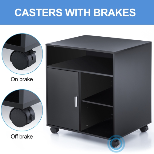 FITUEYES Printer Stand with Storage On Wheels Mobile Wood Work Cart Black PS406001WB