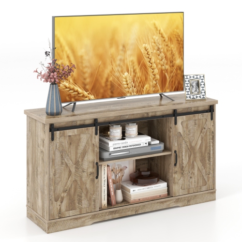 COSTWAY  59'' Farmhouse Tv Stand Sliding Barn Door Cabinet W/ Adjustable Shelf