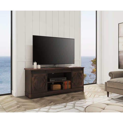 WAMPAT Farmhouse Sliding Barn Door TV Stand for 65" Flat Screen, Living Room Furniture ,Brown 59 Inch
