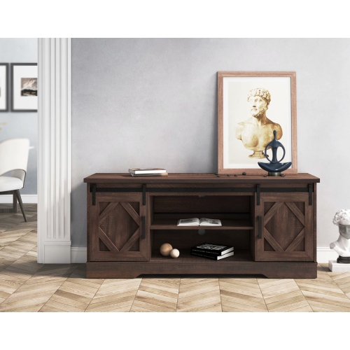 WAMPAT Farmhouse Sliding Barn Door TV Stand for 65" Flat Screen, Living Room Furniture ,Brown 59 Inch