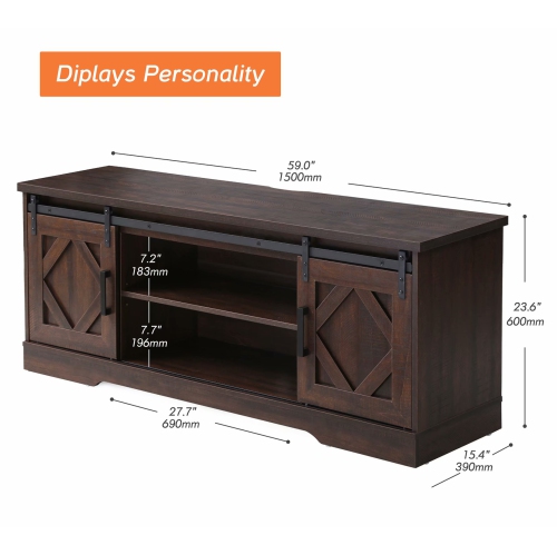 WAMPAT Farmhouse Sliding Barn Door TV Stand for 65" Flat Screen, Living Room Furniture ,Brown 59 Inch