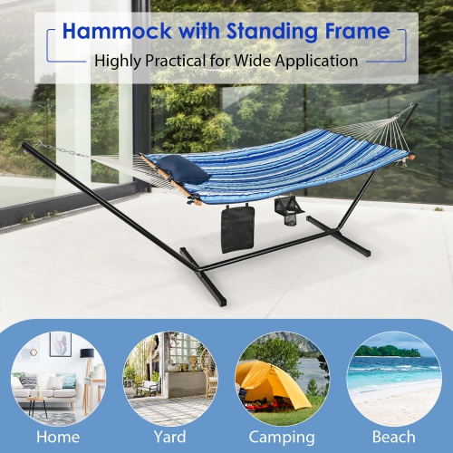 Costway Hammock Chair Stand Set Cotton Swing w/ Pillow Cup Holder Indoor Outdoor