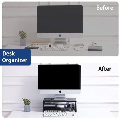 FITUEYES Wood 2 Tiers Monitor Stand Riser, 16.7 Inch Desktop Shelf Storage Organizer, Ergonomic Desk & Tabletop Organizer Desktop Stand for Laptop,