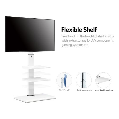 FTUEYES White Floor TV Stand for 32 to 75 inch Flat & Curved Screen Television with Metal Base & 60 Degree Swivel Mount & Height Adjustable