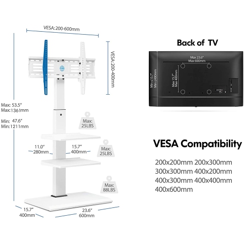 FTUEYES White Floor TV Stand for 32 to 75 inch Flat & Curved Screen Television with Metal Base & 60 Degree Swivel Mount & Height Adjustable