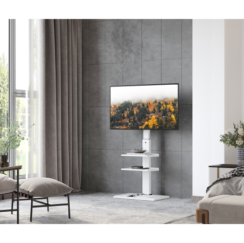 FTUEYES White Floor TV Stand for 32 to 75 inch Flat & Curved Screen Television with Metal Base & 60 Degree Swivel Mount & Height Adjustable