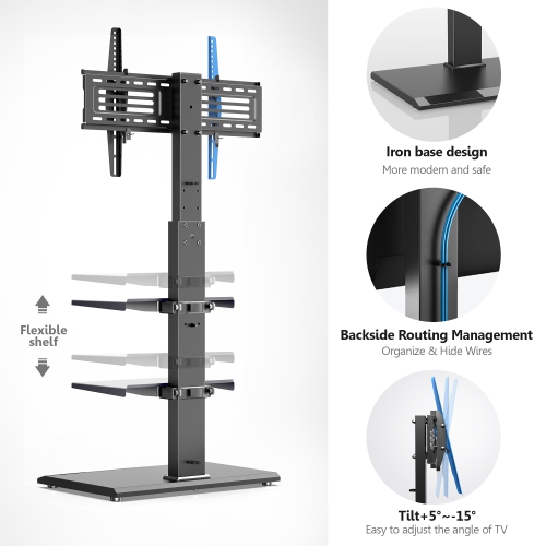 FITUEYES Floor TV Stand Metal Base for 32 to 75 inch Flat Curved Screen Television with 60 Degree Swivel Mount & Height Adjustable up to 53.5" &