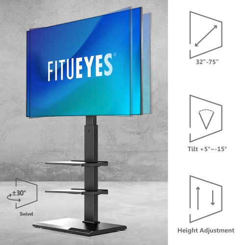 FITUEYES Floor TV Stand Metal Base for 32 to 75 inch Flat Curved Screen Television with 60 Degree Swivel Mount & Height Adjustable up to 53.5" &