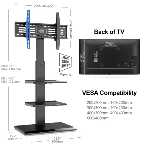 FITUEYES Floor TV Stand Metal Base for 32 to 75 inch Flat Curved Screen Television with 60 Degree Swivel Mount & Height Adjustable up to 53.5" &
