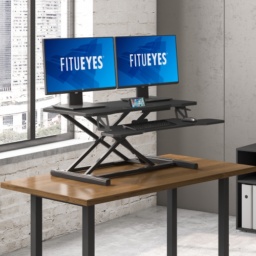 FITUEYES 36'' Standing Desk Converter, Height Adjustable Sit Stand Desk for Dual Monitor and Laptop Riser, Tabletop Workstation with Wide Keyboard