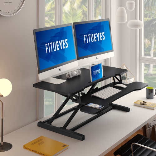 FITUEYES 36 Standing Desk Converter Height Adjustable Sit Stand Desk for Dual Monitor And Laptop Riser Tabletop Workstation w Wide Keyboard Tray