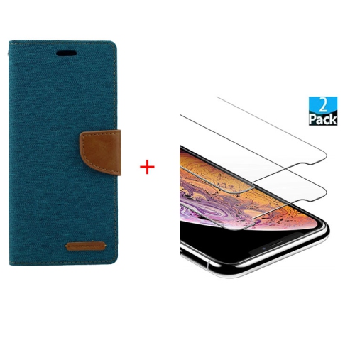 HYFAI  Card Slot With Magnetic Clip Canvas Folio Wallet Flip Case for Iphone Xr + 2 X Tempered Glass Screen Cover In Green