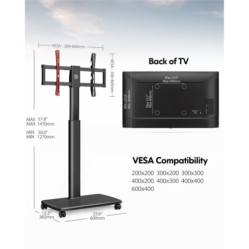 FITUEYES Mobile Tall TV Stand/Cart with Wood Base & Wheels Swivel Mount Height Adjustable for 32 to 65 inch Screen