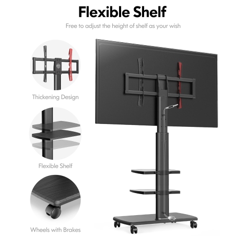 FITUEYES Mobile TV Stand/Cart with Wheels Swivel Mount and Shelves Height Adjustable for 32 to 65 inch LCD LED OLED Plasma Flat Panel Screens