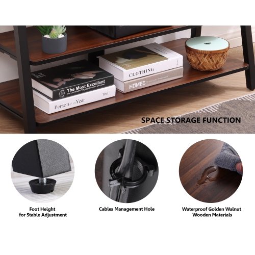 FITUEYES 3-Tier Floor TV Stand for 37-70 Inch TVs Entertainment Stand with Storage-Height Adjustable TV Console Stands with Golden Walnut Board &