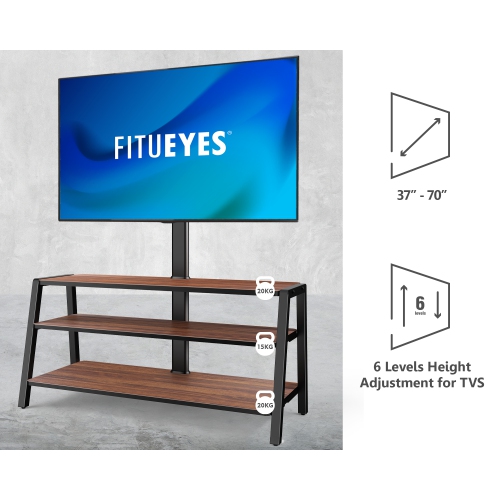 FITUEYES 3-Tier Floor TV Stand for 37-70 Inch TVs Entertainment Stand with Storage-Height Adjustable TV Console Stands with Golden Walnut Board &