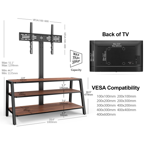 FITUEYES 3-Tier Floor TV Stand for 37-70 Inch TVs Entertainment Stand with Storage-Height Adjustable TV Console Stands with Golden Walnut Board &