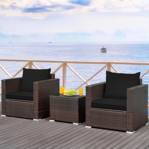 COSTWAY  3PCs Patio Rattan Furniture Set Conversation Sofa Cushioned