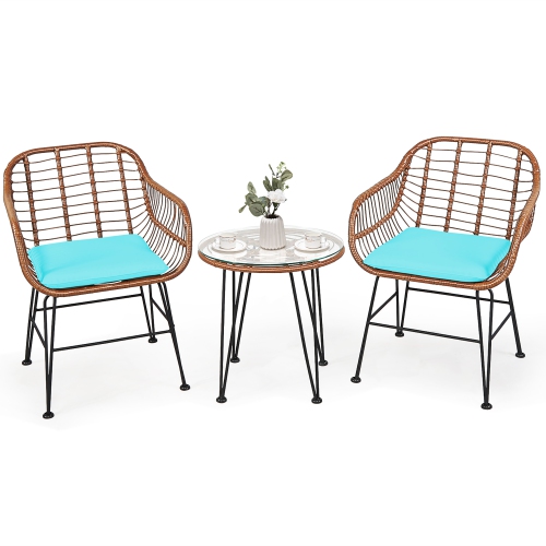 Costway 3PCS Patio Rattan Bistro Set Coffee Table Armchair Garden w/Cushion