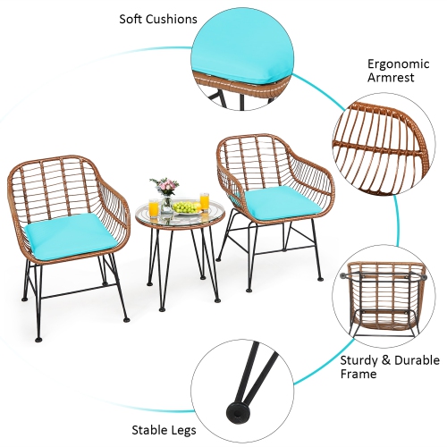 Costway 3PCS Patio Rattan Bistro Set Coffee Table Armchair Garden w/Cushion