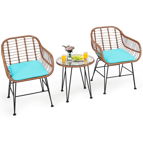 Costway 3PCS Patio Rattan Bistro Set Coffee Table Armchair Garden w/Cushion