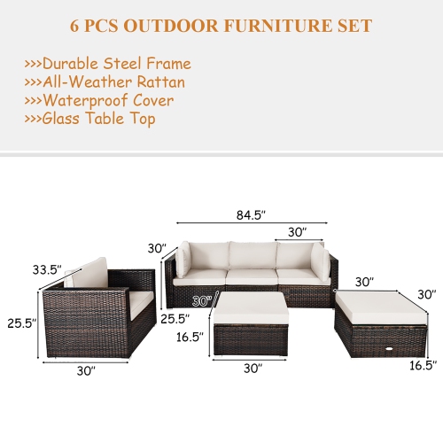 Costway 6PCS Patio Rattan Furniture Set Cushion Sofa Coffee Table