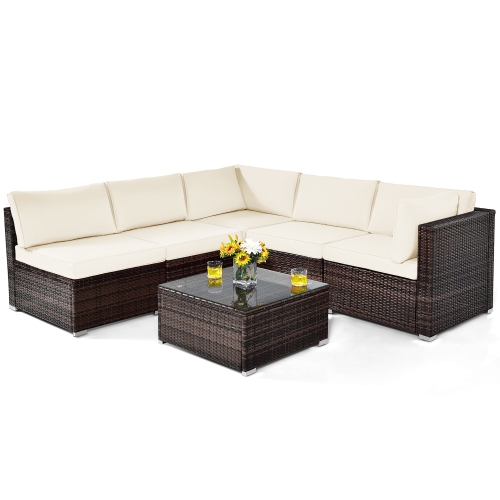 Costway 6PCS Patio Rattan Furniture Set Cushioned Sofa Coffee Table Garden