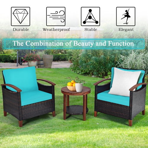 Costway 3PCS Patio Rattan Furniture Set Wooden Frame Cushion Table Shelf