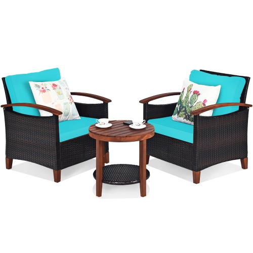Costway 3PCS Patio Rattan Furniture Set Wooden Frame Cushion Table Shelf