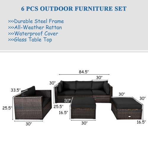 Costway 6PCS Patio Rattan Furniture Set Cushion Sofa Coffee Table