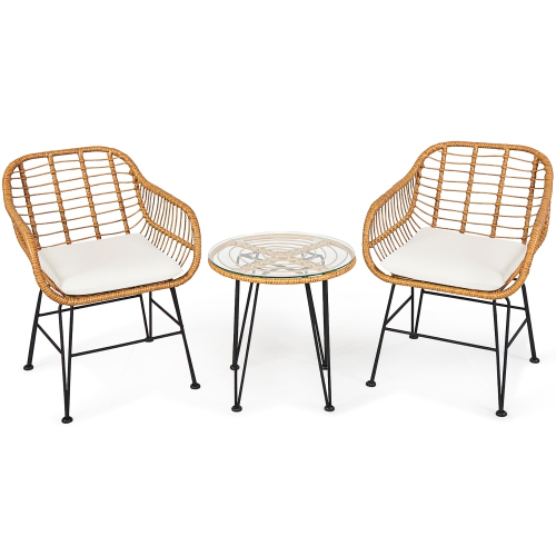 Costway 3PCS Patio Rattan Bistro Furniture Set Cushioned Chair Table
