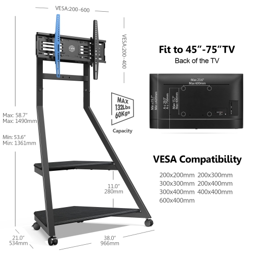 FITUEYES Art Floor TV Stand for 43-75 Inch TVs LCD/LED Screens Height Adjustable Universal TV Mount Stand with Wire Management, VESA 400x600mm