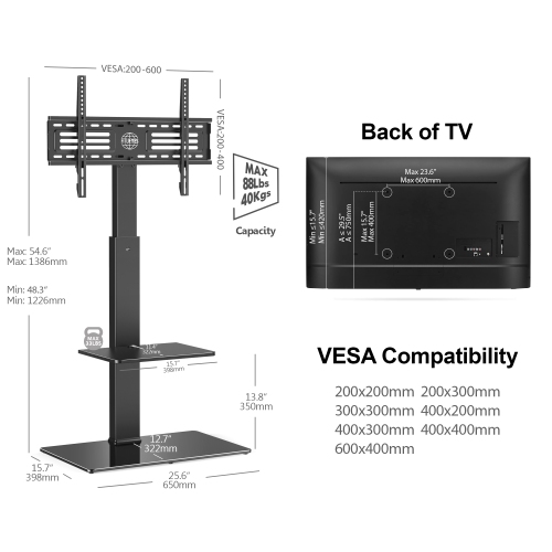 FITUEYES Floor Tall TV Stand for 32 to 65 inch Flat Curved Screen Television with 60 Degree Swivel Mount & 6 Level Height Adjustable up to 54.6" &
