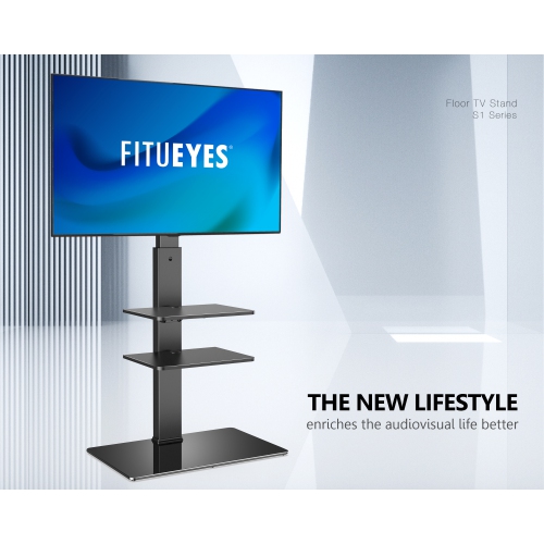 FITUEYES Swivel Floor TV Stand with Mount Height Adjustable for Most TVs up to 65 Inch, Sturdy Tempered Glass Base and Component Shelves for Media